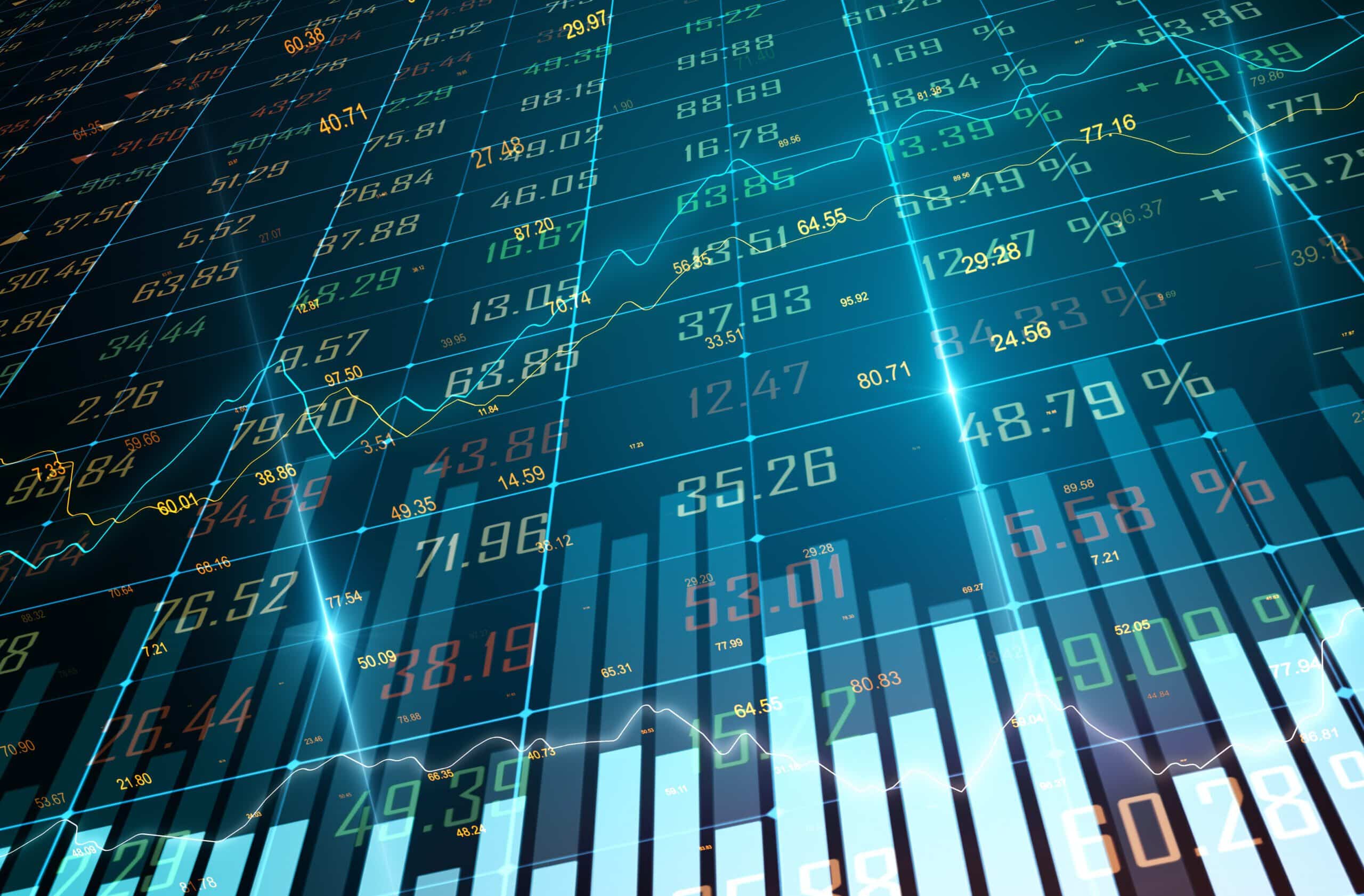 Digitale visual met getallen en lijngrafieken op een donkere achtergrond, symbool voor dagelijkse EOD-beursdata en wereldwijde marktanalyse.