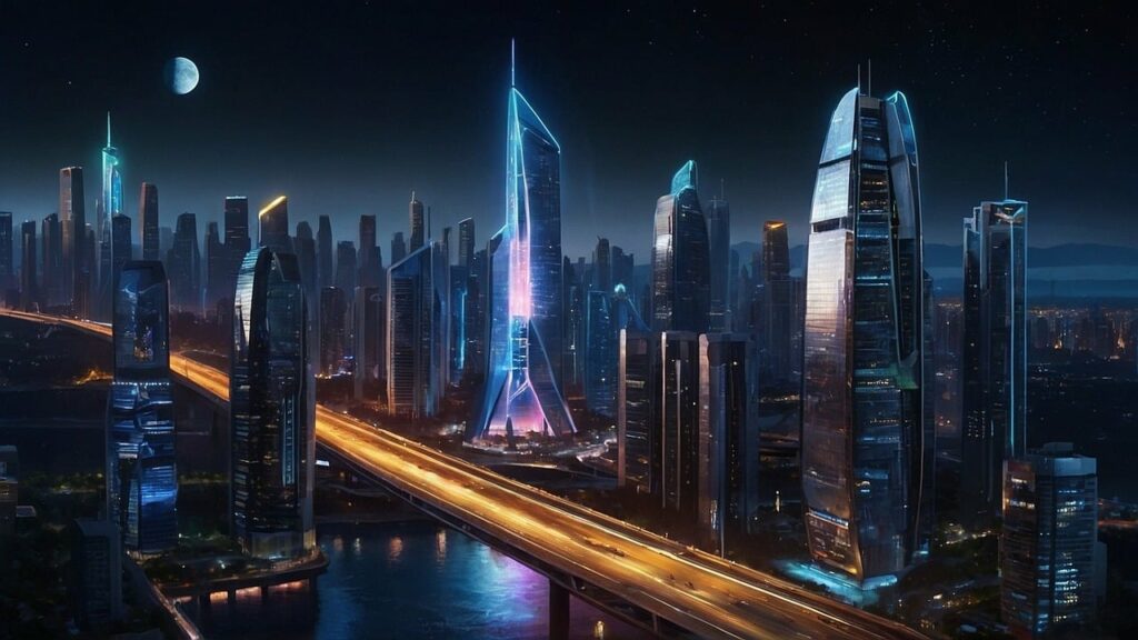 Futuristische weergave van algoritmisch beleggen met data-visualisaties en EOD-workflow