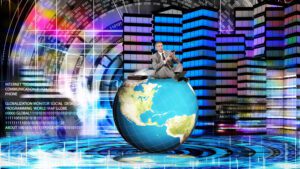 Zakenman zittend op een wereldbol, symbool voor wereldwijde financiële zaken en de internettechnologie van StockChart.