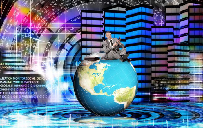 Zakenman zittend op een wereldbol, symbool voor wereldwijde financiële zaken en de internettechnologie van StockChart.