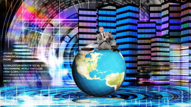 Zakenman zittend op een wereldbol, symbool voor wereldwijde financiële zaken en de internettechnologie van StockChart.