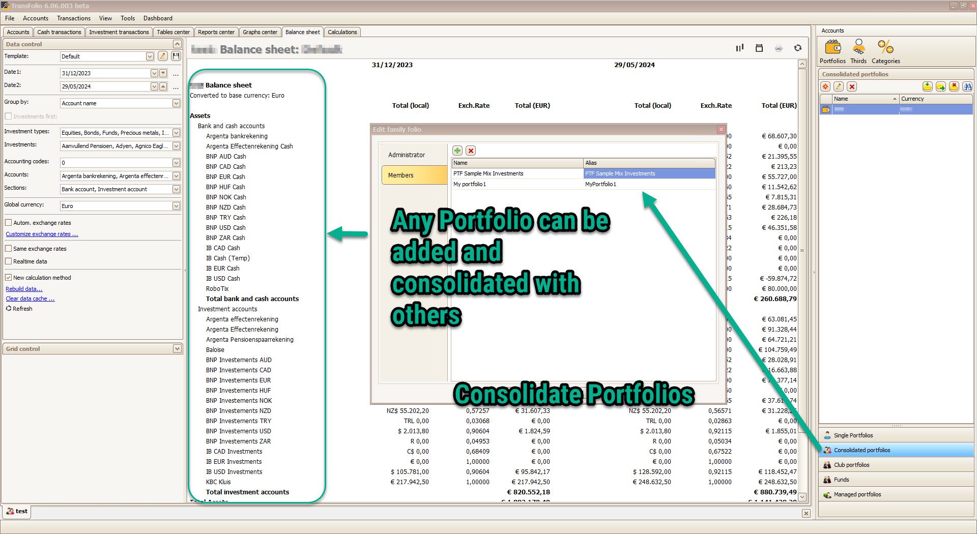 TransFolio geconsolideerd dashboard met totale allocatie, prestatie en risico