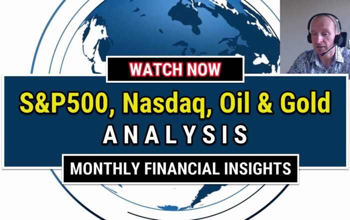 Mark presenting monthly financial insights on S&P 500, Nasdaq, Oil & Gold with globe background