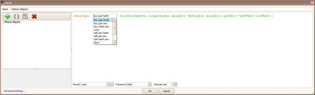 TransTrader: Williams Alligator Scan-Filter mit acht wählbaren Bedingungen (Kaufen/Verkaufen/Long/Short)