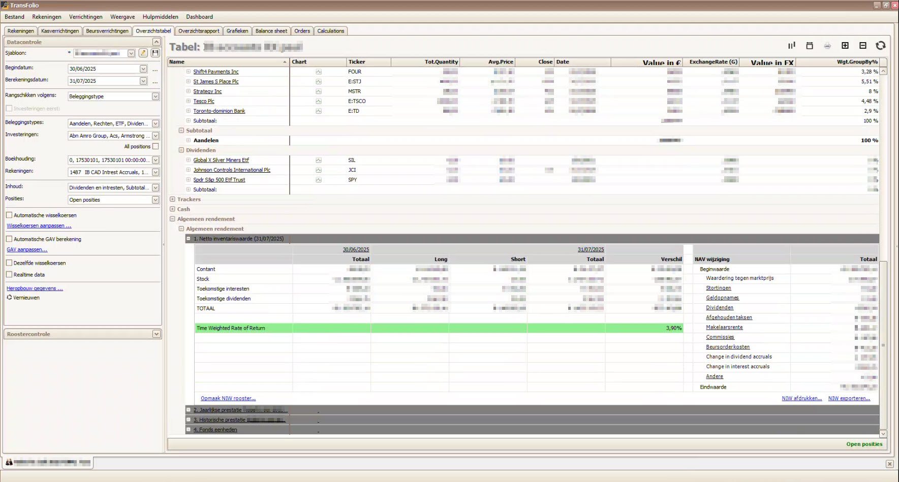 TransFolio rapport met rendementsoverzicht, bijdragen en sectorverdeling