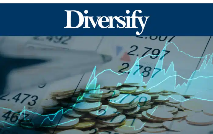 Diversificatie beleggend aangetoond met tekst en verschillende financiële activa en groei