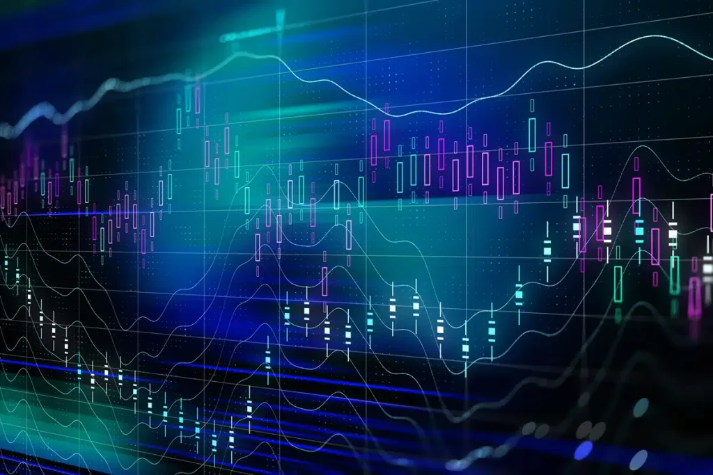 Abstract investment software showing a chart with candlesticks and indicator lines on a dark background.