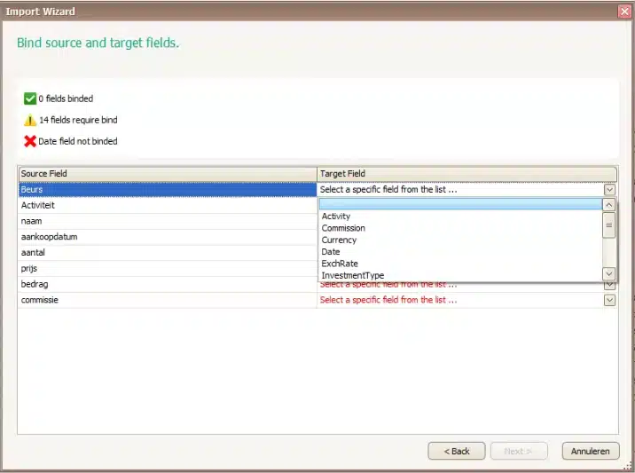 Import Wizard van TransFolio waarin bronvelden uit Excel of CSV gekoppeld worden aan doelvelden zoals activiteit, datum, aantal en koers