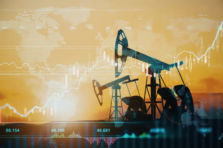 Aandelen energiesector met olie-installatie en koersgrafieken op achtergrond