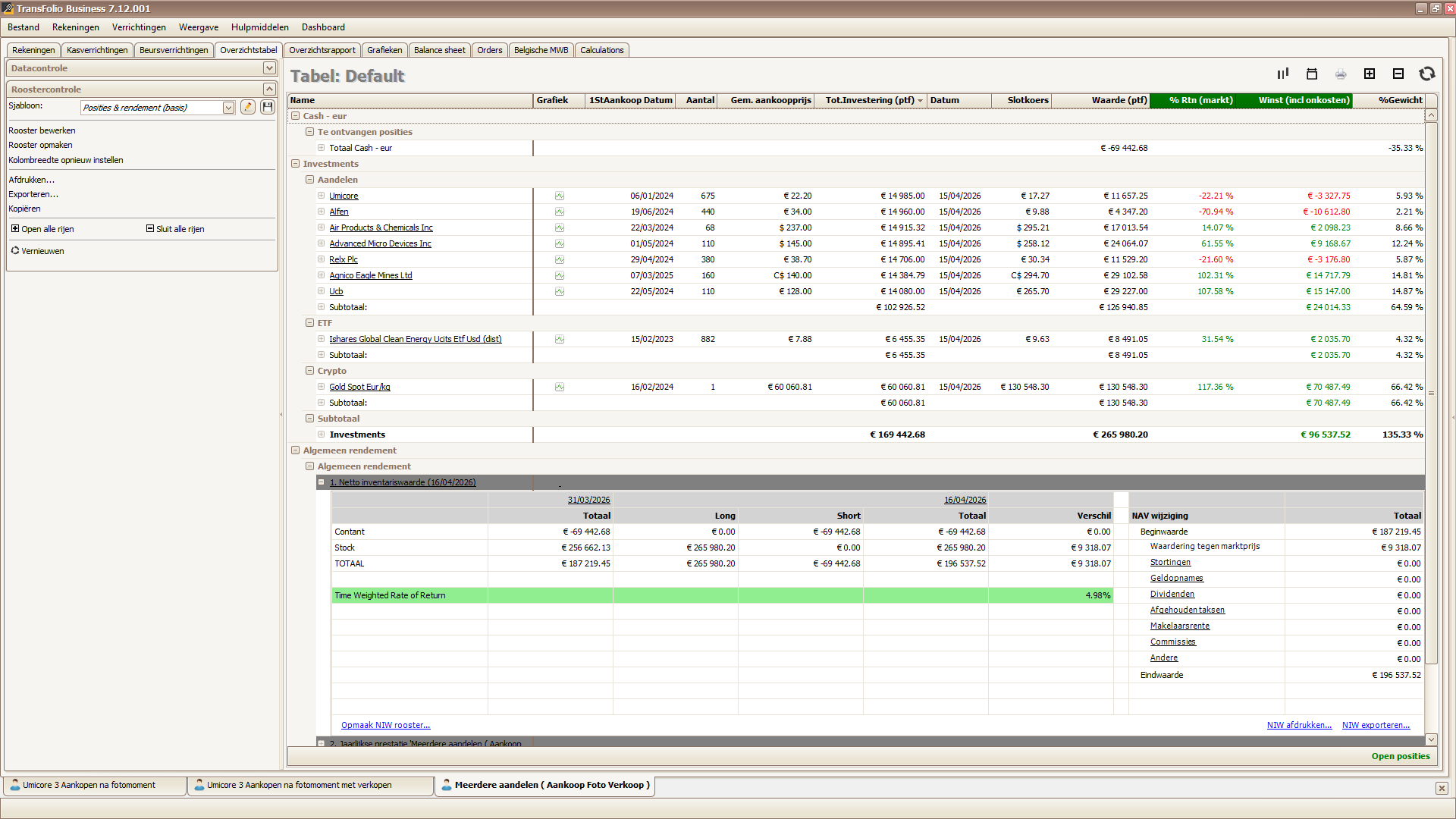TransFolio-Übersichtstabelle mit Ergebnissen