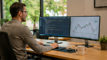 A workday at InvestABC — analysis of stock charts on multiple screens