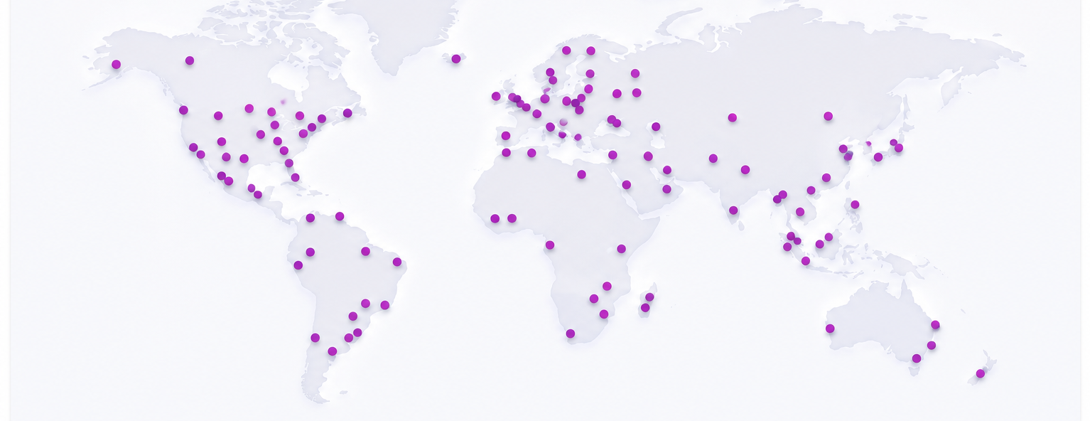 Mapa mundial con bolsas de valores marcadas: cobertura global de la base de datos de precios.
